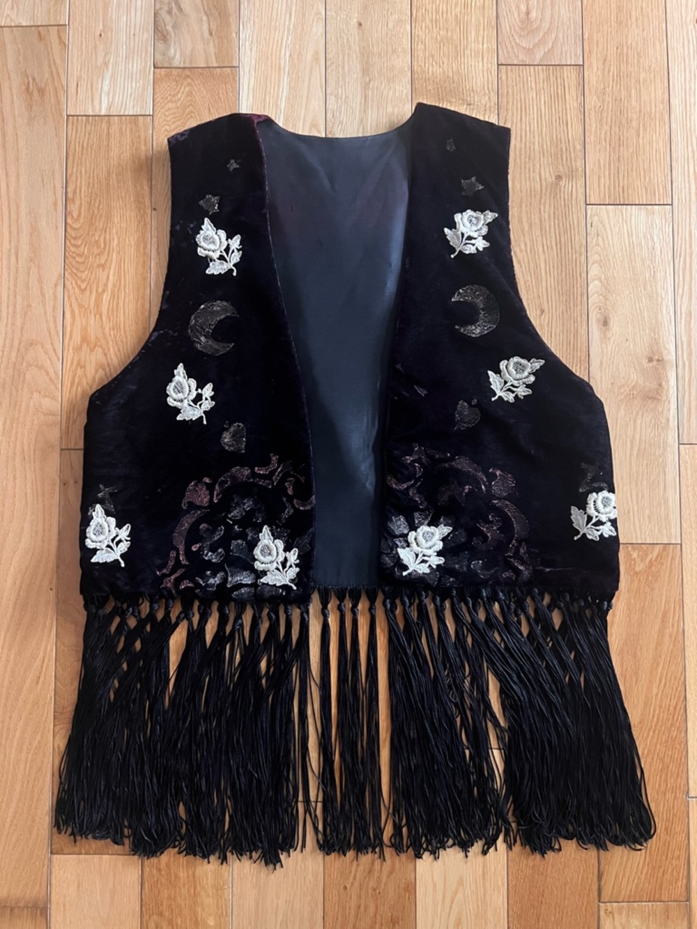 Vintage Velour Fringe Vest Open Front Cropped Floral Embroidered Black Sz Large